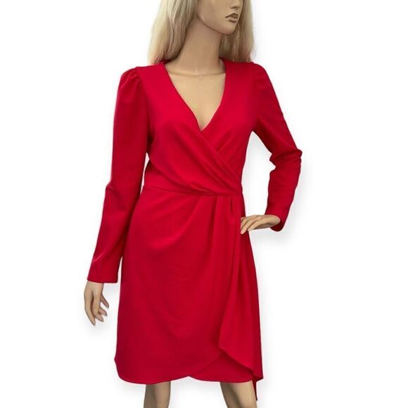 JULIA JORDAN Pleated Faux-Wrap Long-Sleeve Dress in Cherry Size 4 - Picture 3 of 17